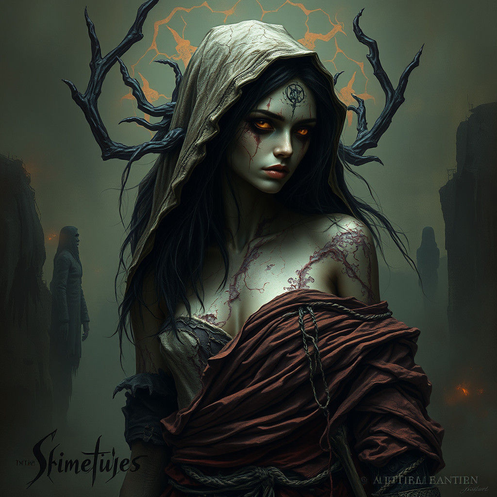 Decaying Dark Fantasy Figure in Eerie Mystical Setting