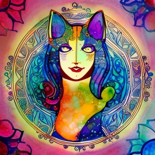 Cat Mermaid in Art Nouveau Alcohol Ink