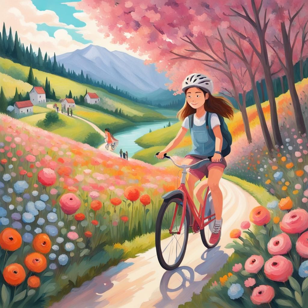 Girl and Cat Cycling Through Flower Valley