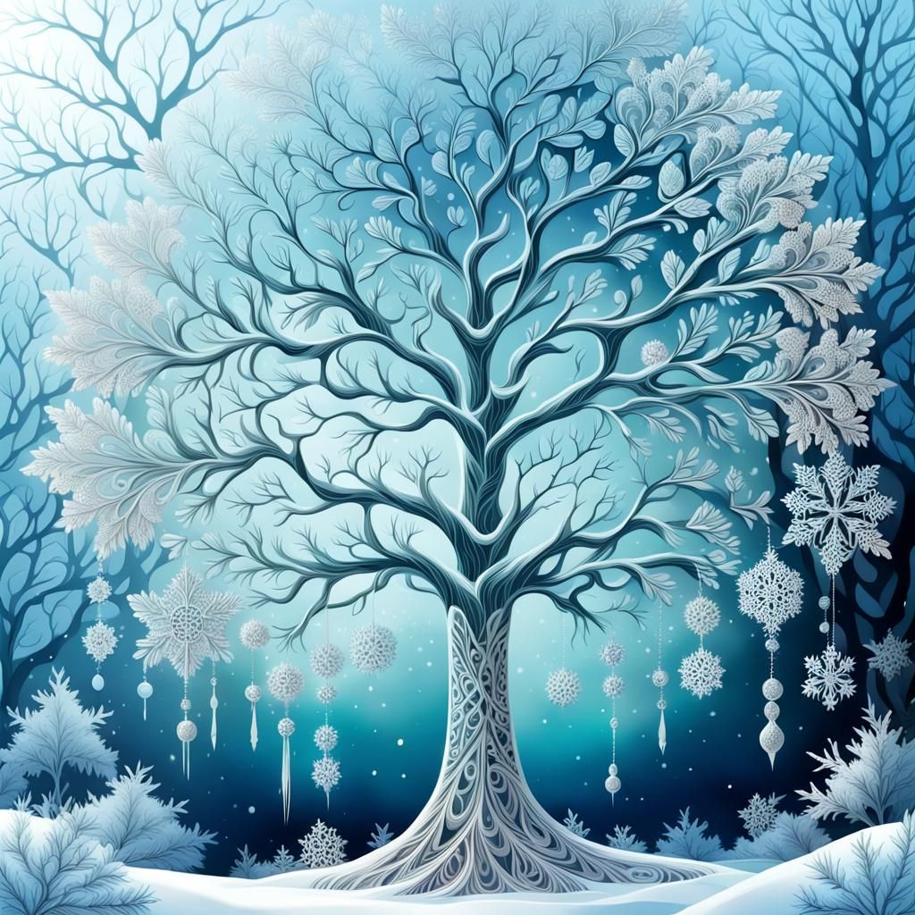 Lace Tree with Snowflakes in Frozen Forest