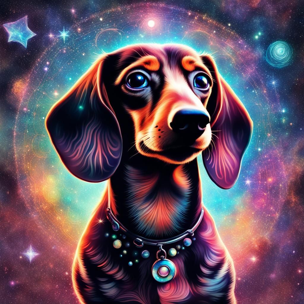 Holographic Cosmic Dachshund in Mixed Media Style