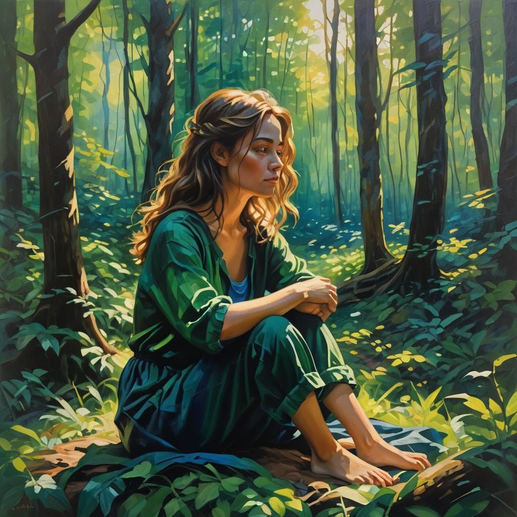 Woman in Forest: Impressionist Oil Painting