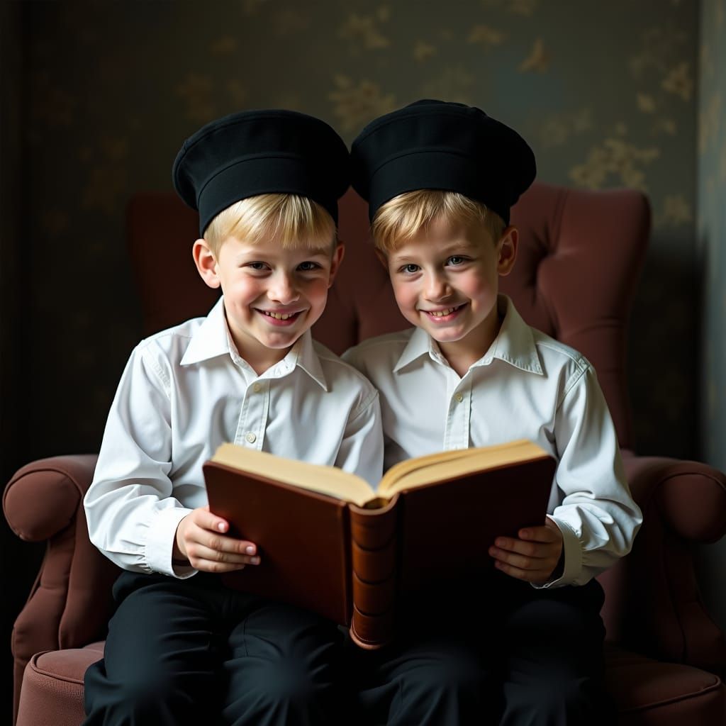 Boys Studying a Book in Film Still Style