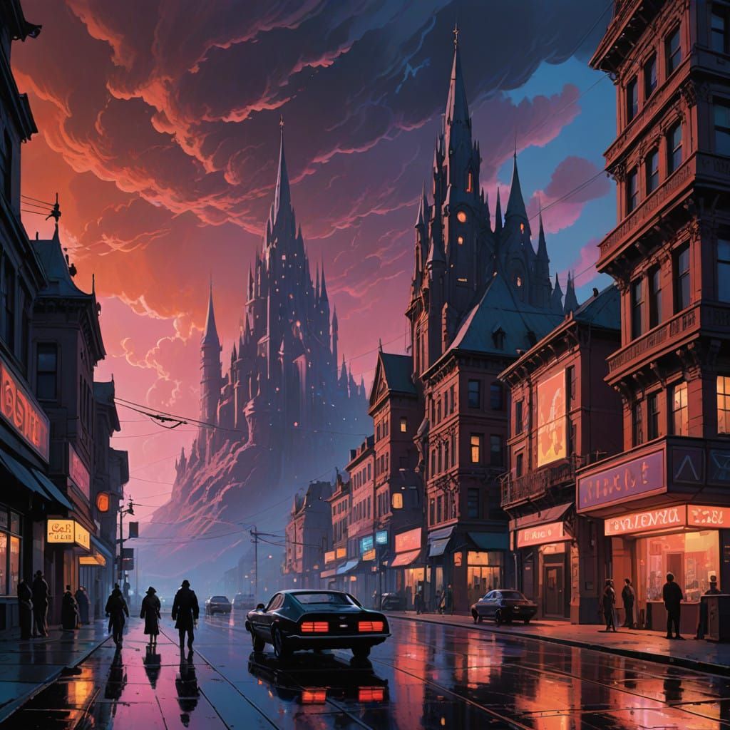 Mystical Wyvern soars Through Gothic Cityscape at Dusk