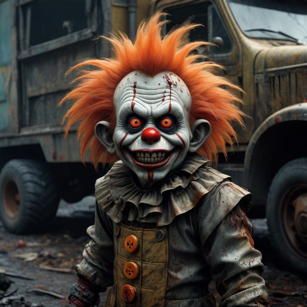 Grotesque Zombie Monkey Toddler in a Clown Suit, Hit by a Tr...