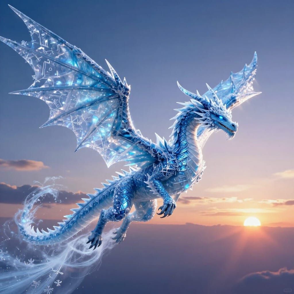 Majestic Ice Dragon Soars Through Twilight Sky