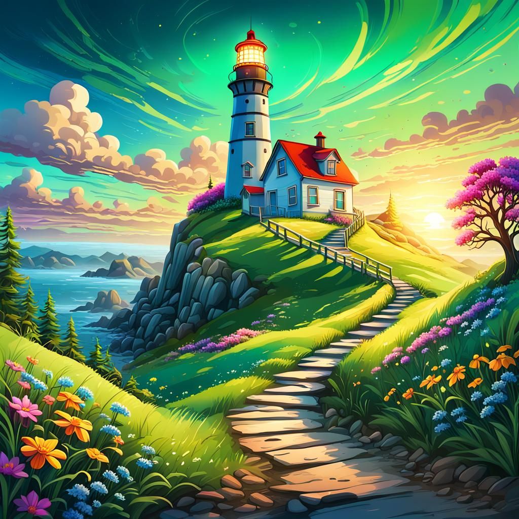 Lighthouse Landscape with Wildflowers in Graffiti Art Style