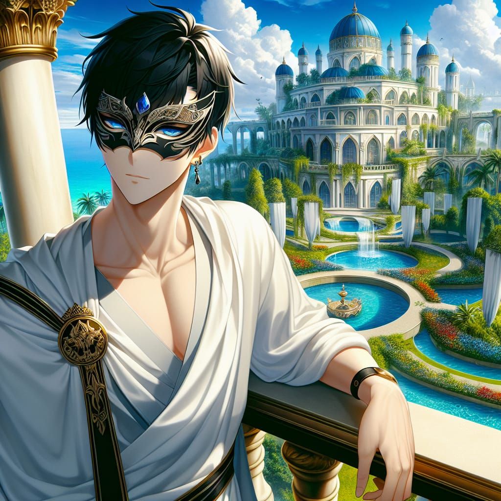 (profile) Handsome man with short black hair with a half-mas...