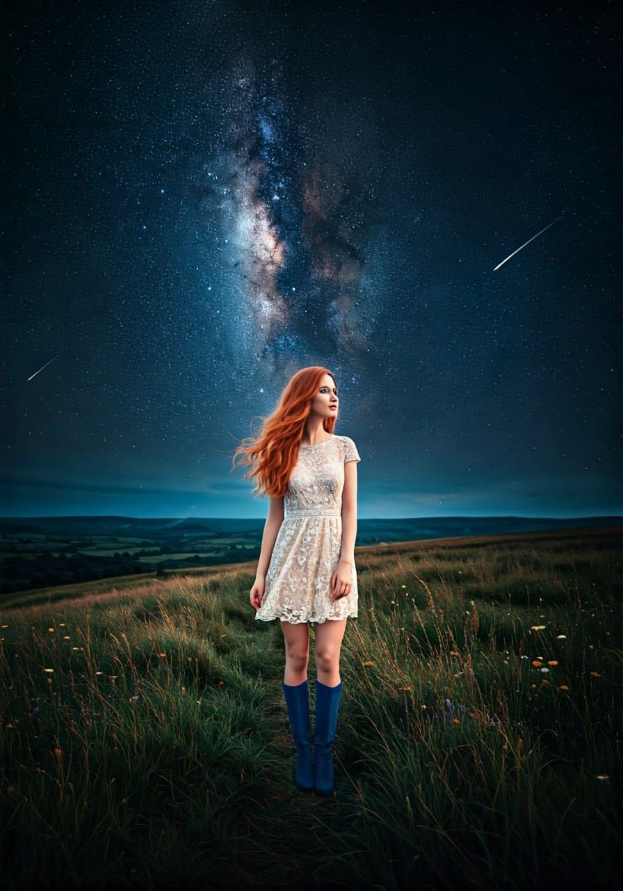 Woman in Lace Dress Under Starry Sky