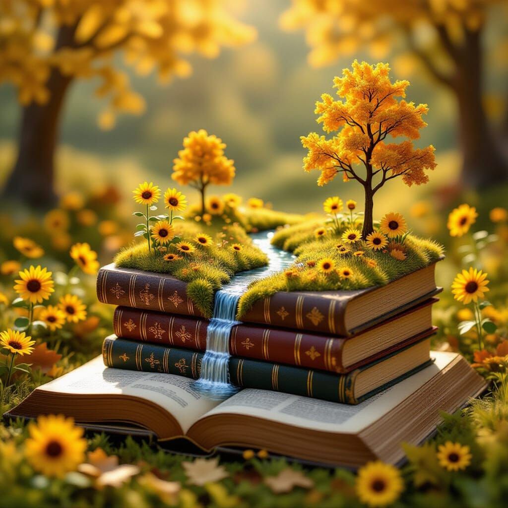 Antique Books Transform into Miniature Autumn Meadow Landsca...