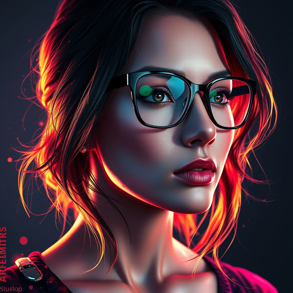 Stunning Woman in Eyeglasses, Hyperdetailed Portrait in Tria...