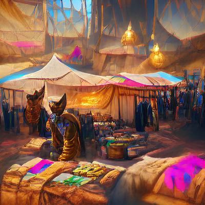 Khajiit Merchant in a Busy Elsweyr Marketplace