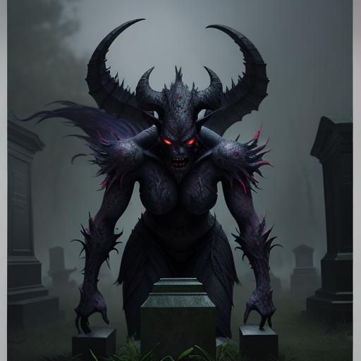 Voluptuous Demon in Mist Filled Cemetery