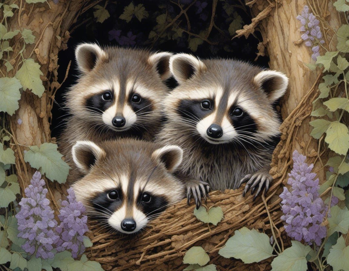Whimsical Baby Raccoons Emerging into an Enchanting Violet H...