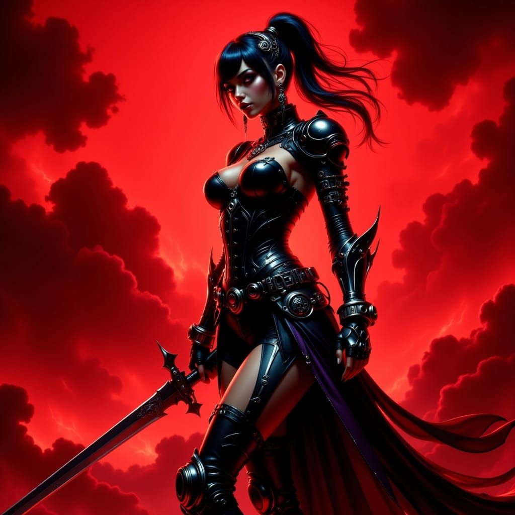 <lora:Accu:1.0> anime, Red smokey background with black silhouette of a beautiful Steampunk warrior woman in a gothic ar...