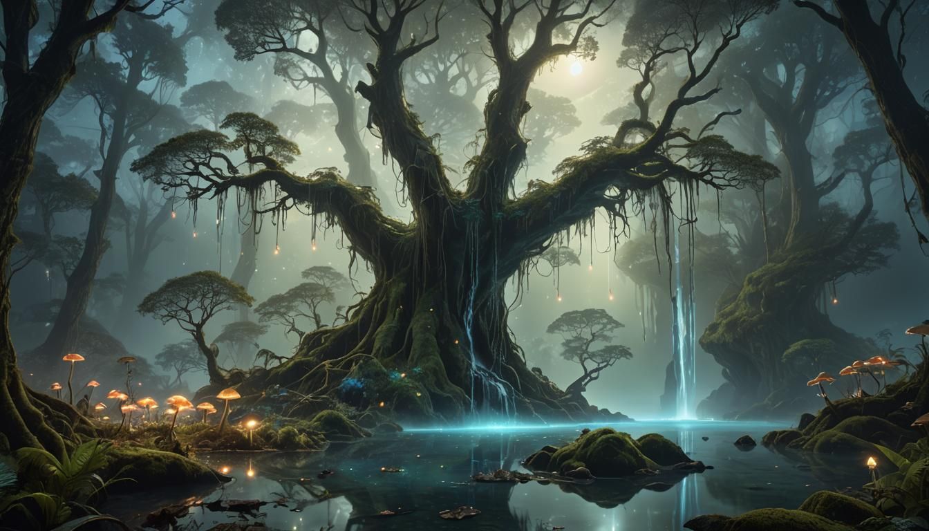 Bioluminescent Forest: Dreamlike Matte Painting