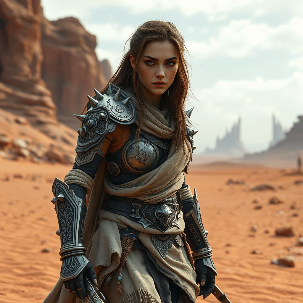 Female Warrior in Detailed Armor in Desert Landscape