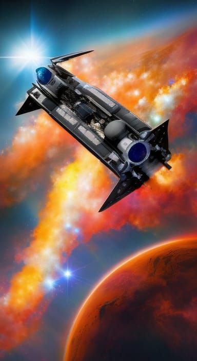 Spaceship Exploring Nebulas in Hyperrealistic Style