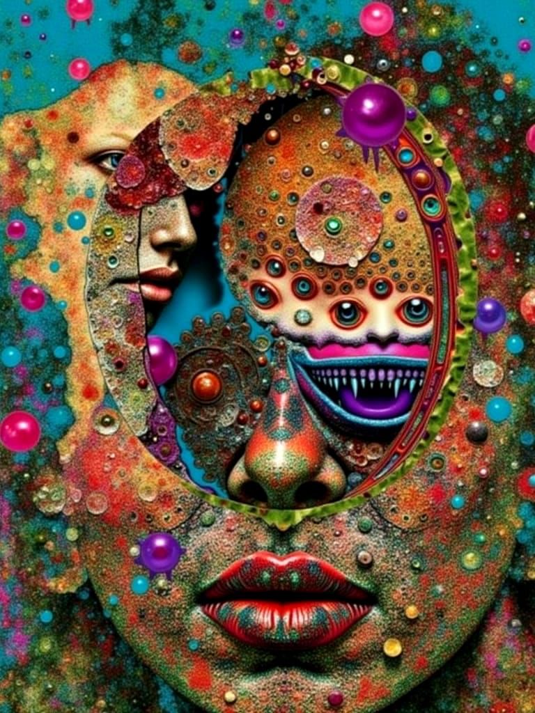 <lora:mix:1.0> <lora:Randomness:1.0> <lora:Glitched:1.0> A stylized, cosmic horror illustration in the style of Zdzisław...