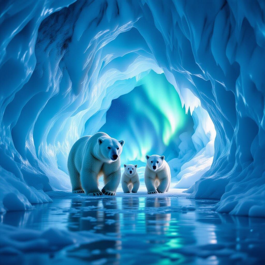 Polar Bear Family in Aurora Ice Cave