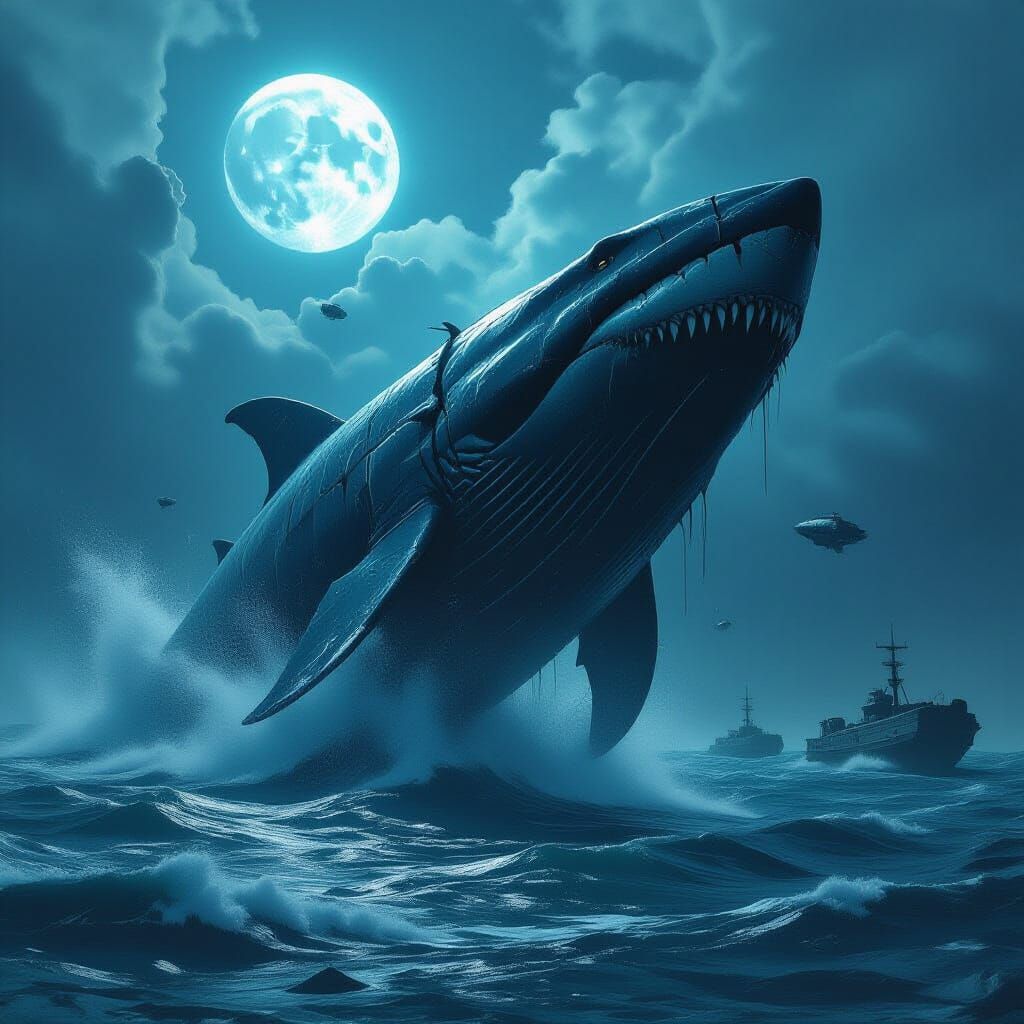 Cyberpunk Megalodon Breaching Alien Ocean Surface