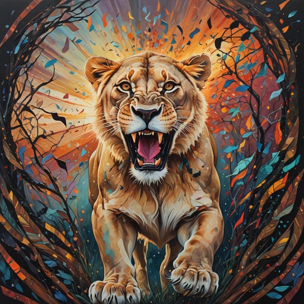 Lioness Roaring with Musical Notes, Abstract Painting