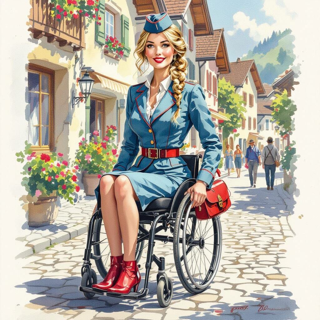Impressionistic Swiss Post Woman in Wheelchair