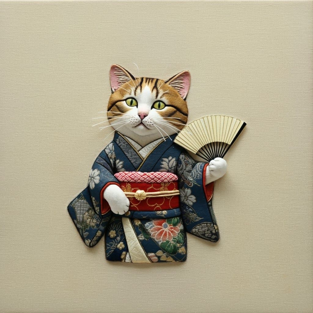 Elegant Oshi-e Cat with Folding Fan