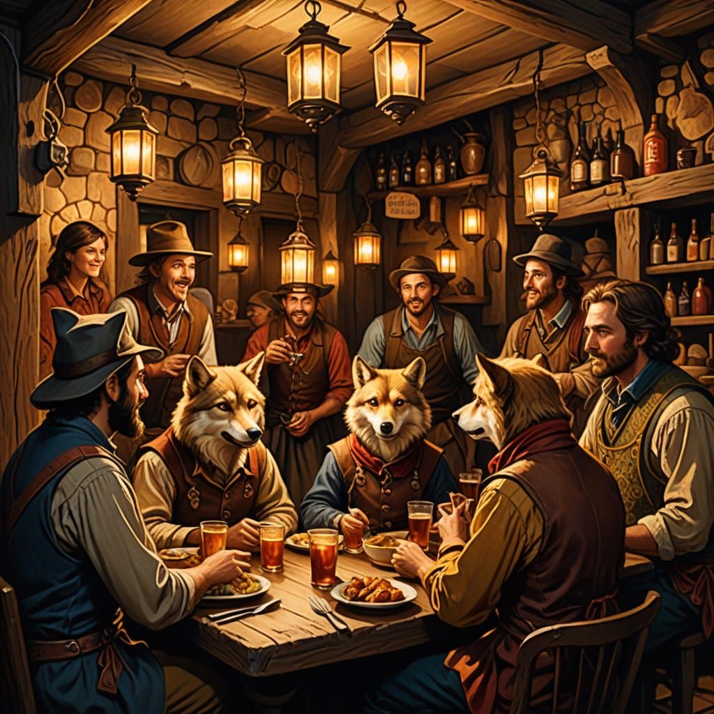 Lively Tavern Scene with Minstrels in Vintage Storybook Styl...