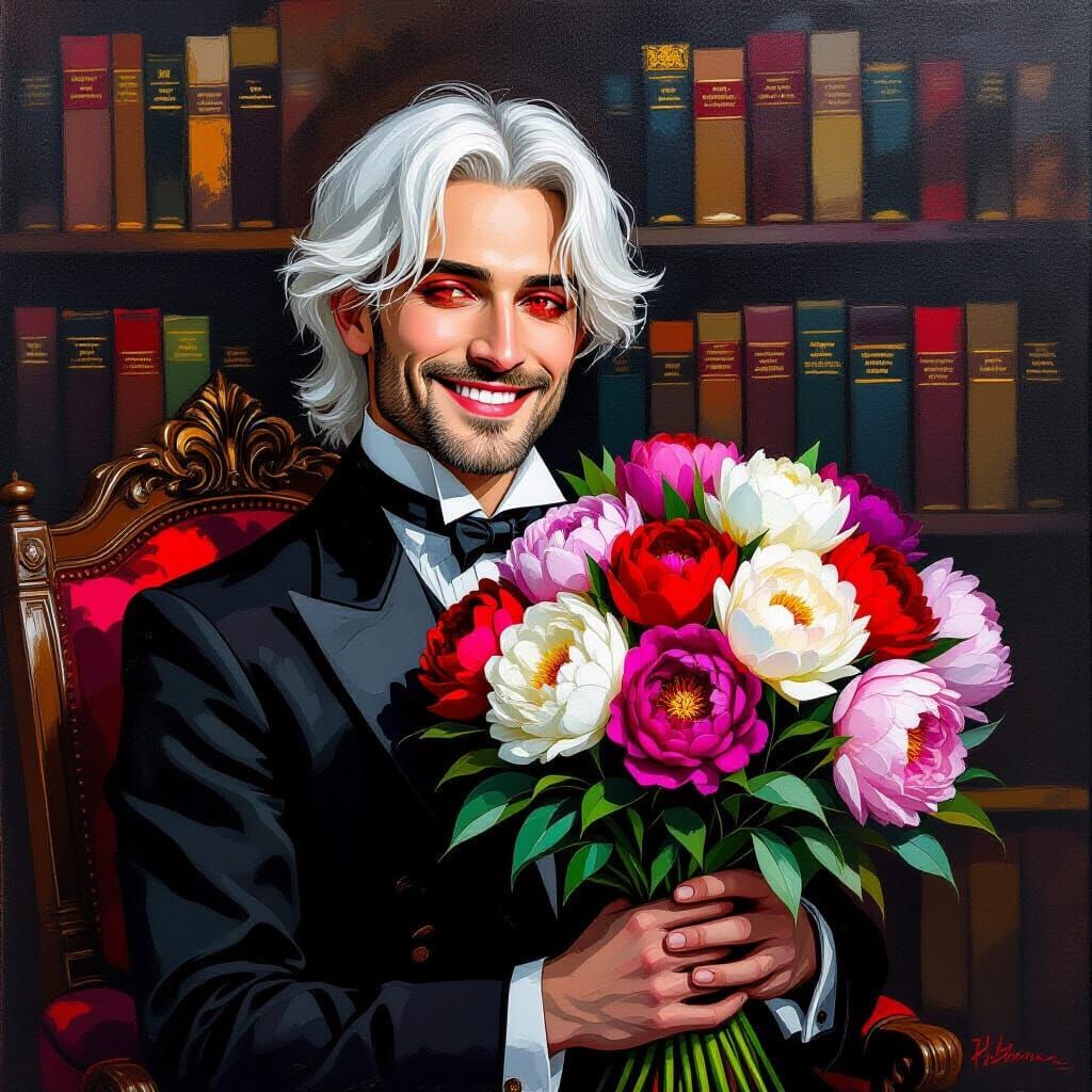 Gothic Man with Peonies in Study: Expressionist Oil Painting
