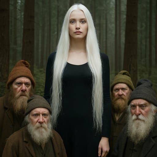 Woman with White Hair Among Dwarfs: Photorealistic Portrait