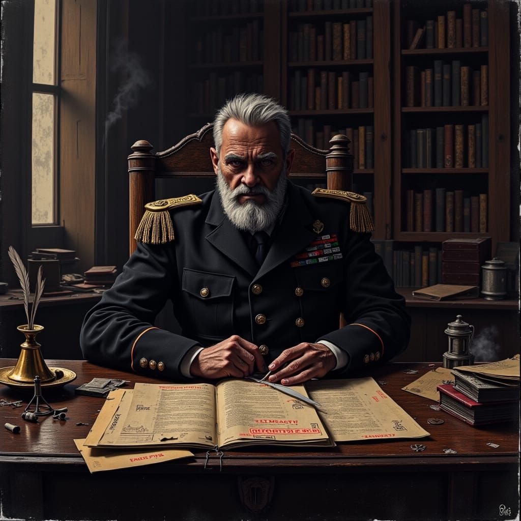 Vintage Officer in a Cozy, Dimly Lit Study