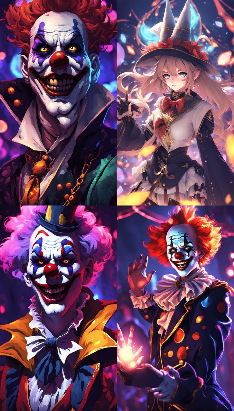 Sinister Anime Clown Performing Dark Magic as Digital Painti...