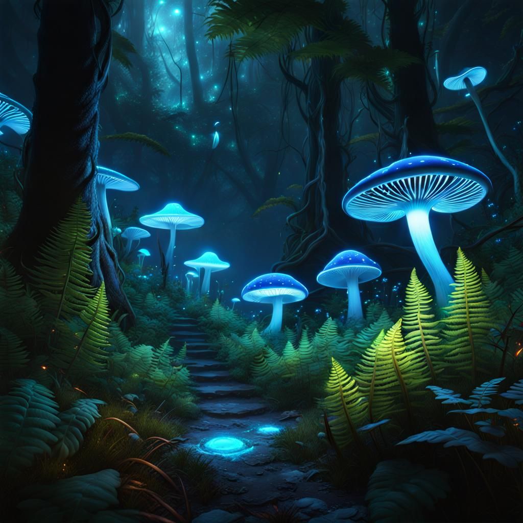 Magical Bioluminescent Mushroom Forest in Ethereal Light