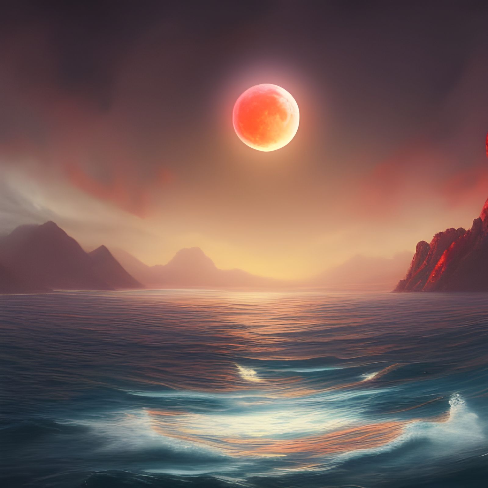 Crimson Blood Moon Over a Fantastical Seascape