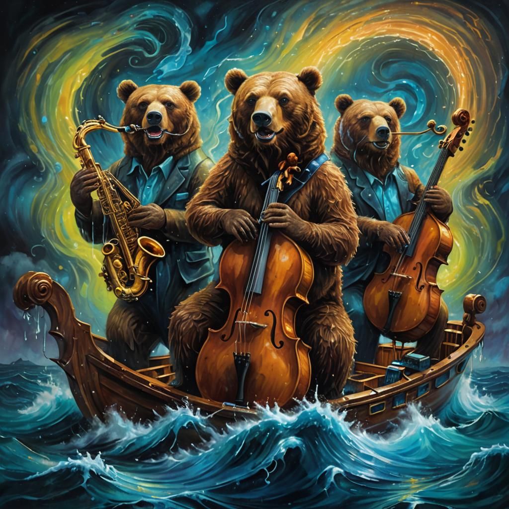 Surreal Brown Bear Jazz Band in Oil Painting Style