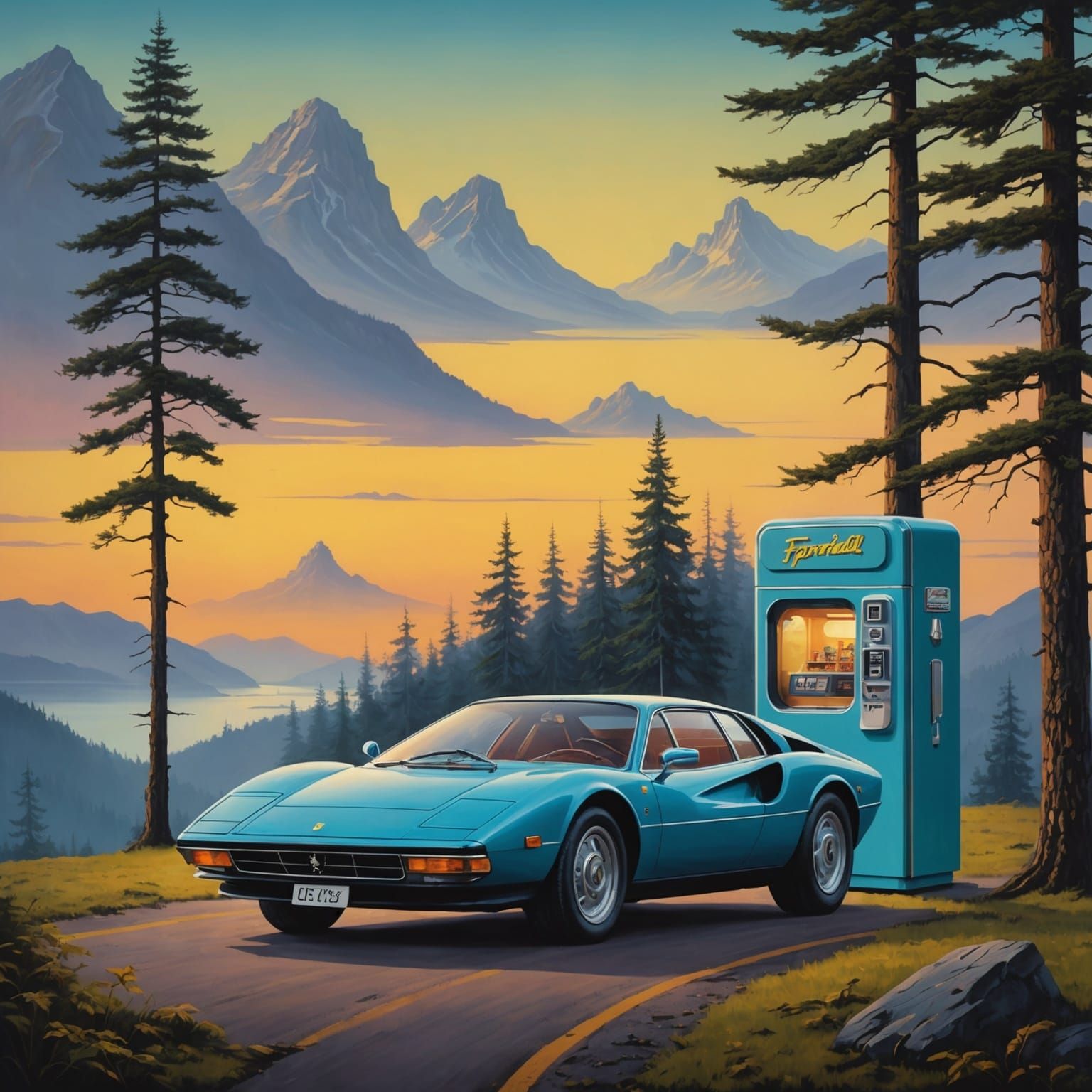 Ghibli-Style Ferrari at Fjord Sunset