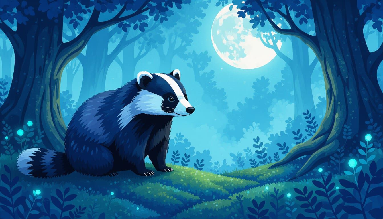 Stoic Badger in Ink and Moonlight Grove