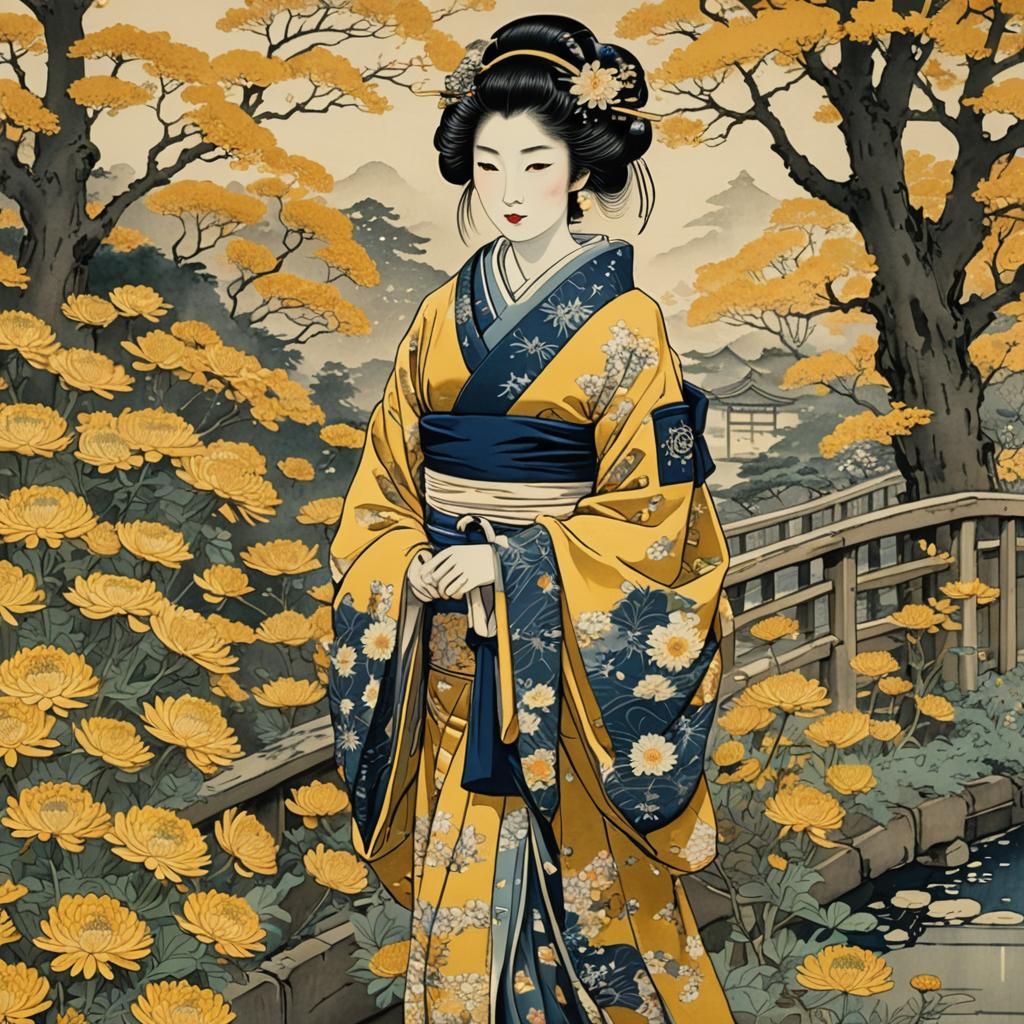 Ukiyo-e Geisha in Autumn Chrysanthemum Garden