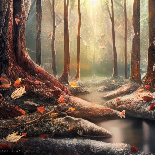 Nordic Forest with Sparkling Spirits, Dark Fantasy Art