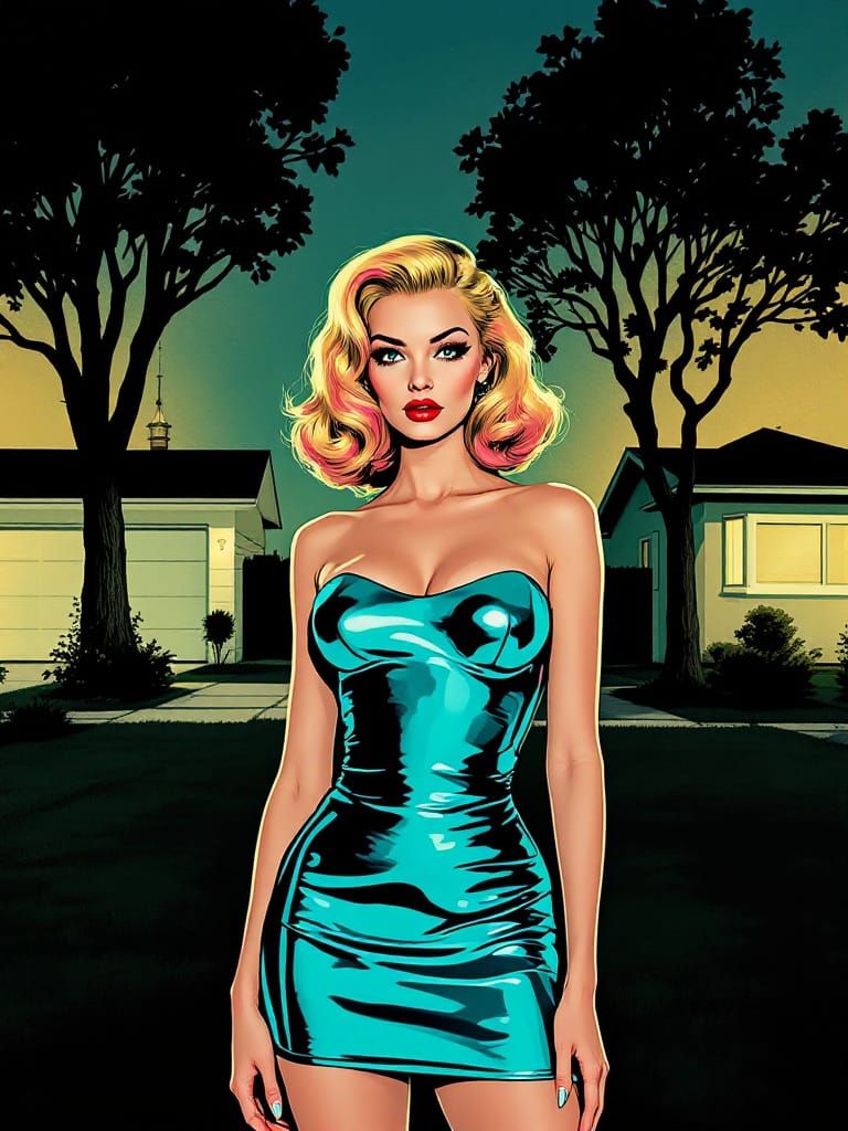 Pin-Up Woman with Pink Hair in Metallic Dress