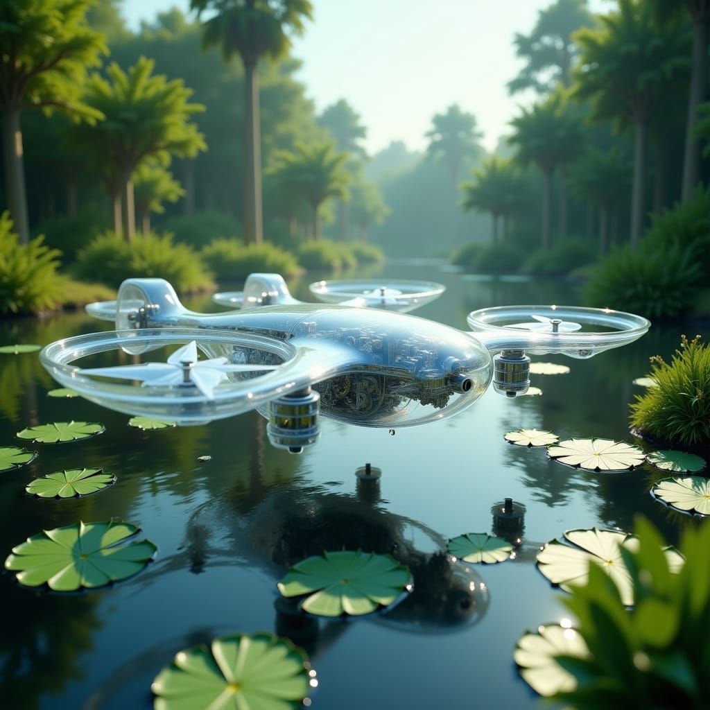 Translucent Drone Glides Over Serene Lake