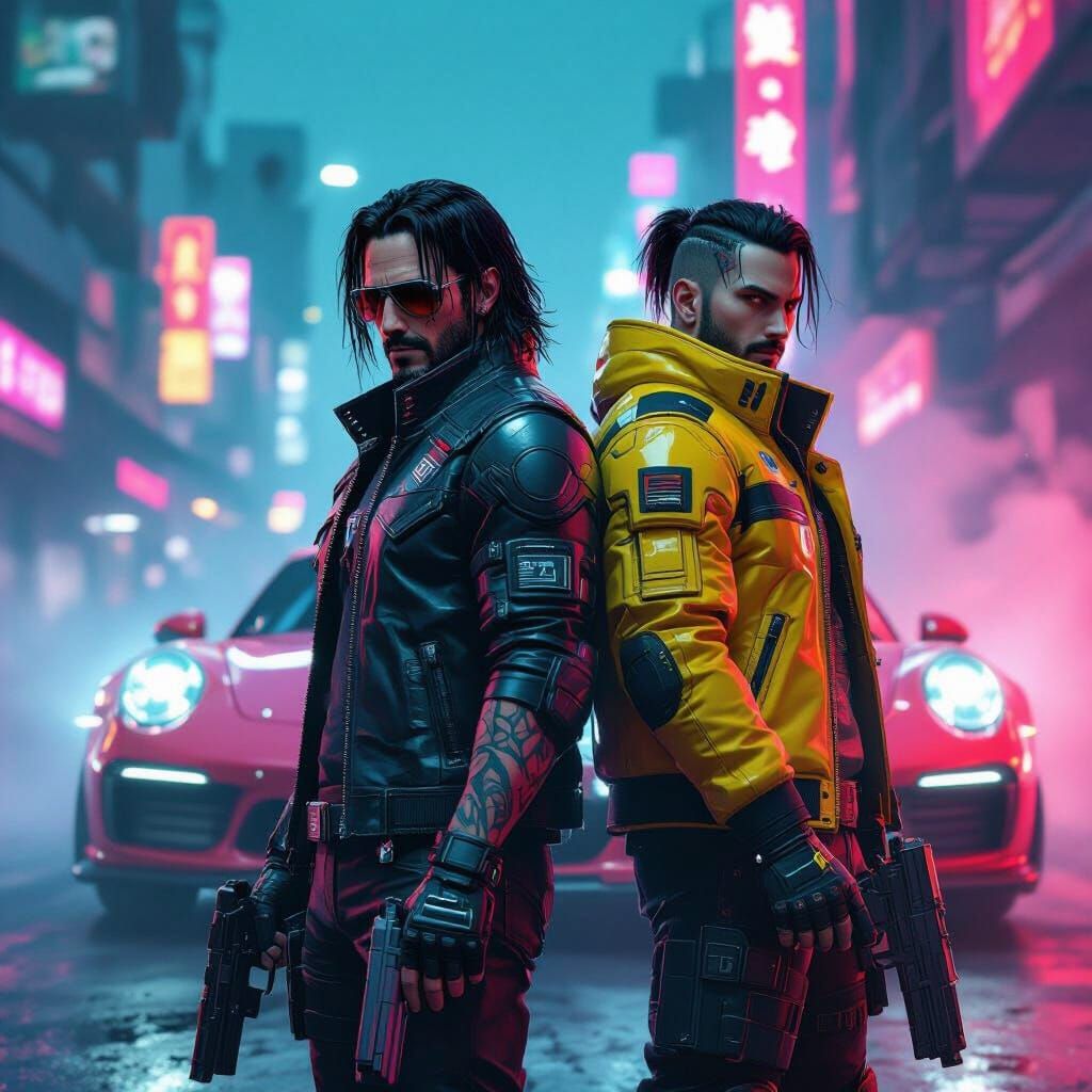 Cyberpunk Duo in Neon City, Vertical Wallpaper