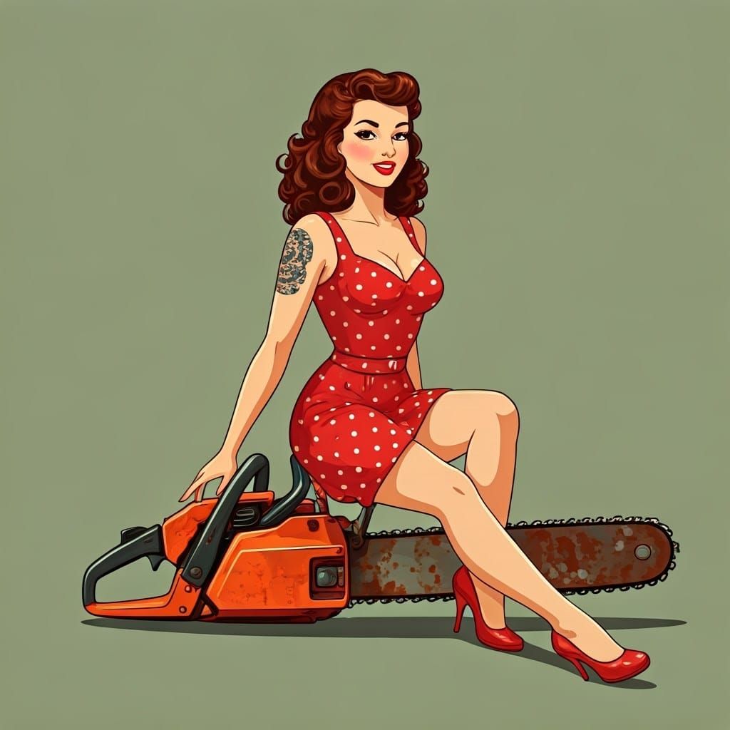 Vintage Pinup Girl on Rusty Chainsaw