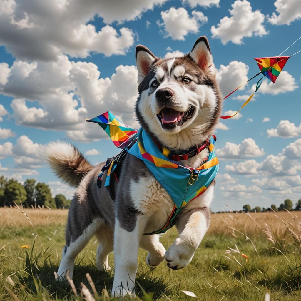 Humanoid Husky Puppy Flying Kite: Photorealistic Portrait