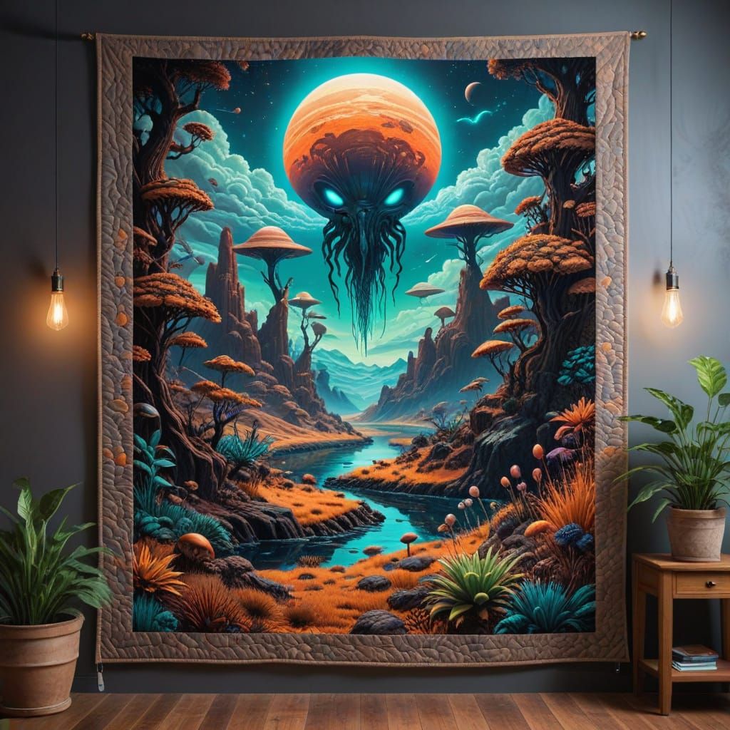 Alien Landscape Quilted Tapestry in Art Gallery