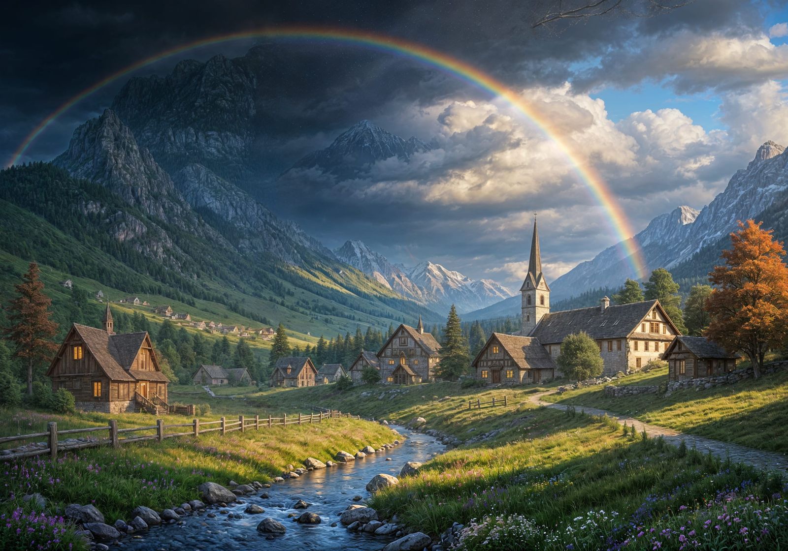 Fairytale Village in Mountain Valley with Rainbow and Storm