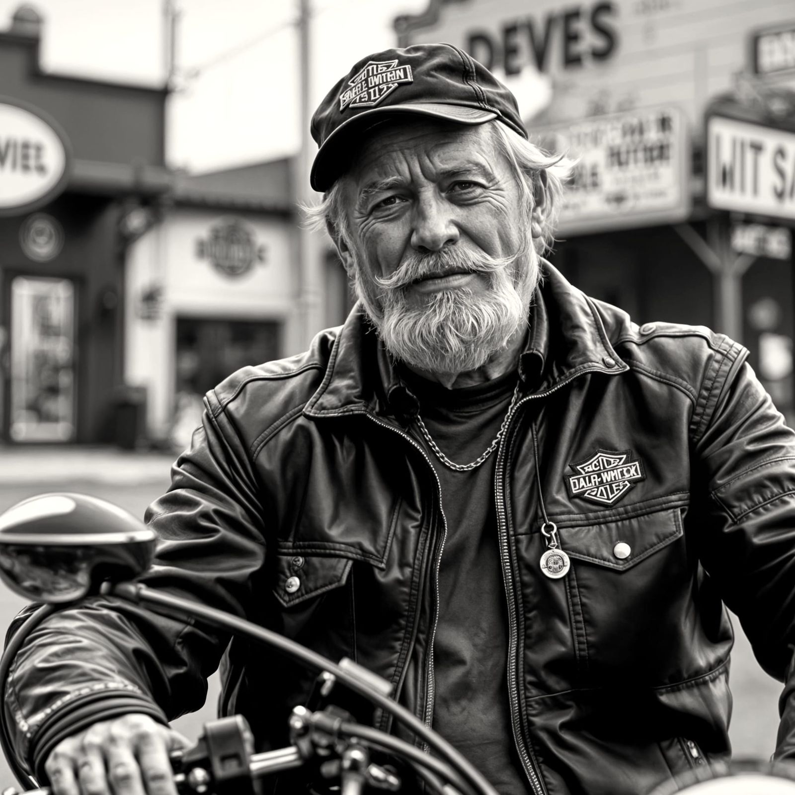 Elderly Biker on Harley in Old West, Black and White