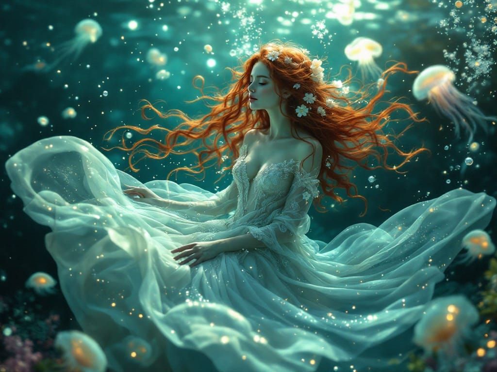 Enchanting Redhead Dancer in Oceanic Dreamscape