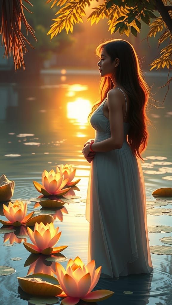 Serene Woman Among Glowing Lotus Flowers in Warm Evening Lig...